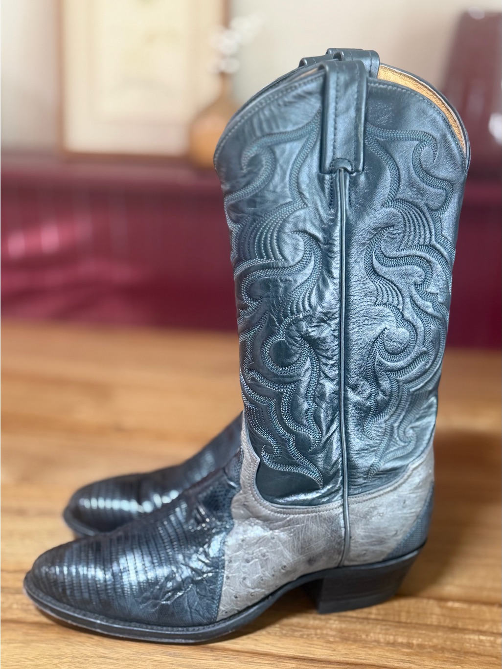 Vtg Tony Lama 9d Exotic Teju Lizard & Ostrich Cowboy Boots Usa Pegged Sam9456